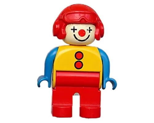 Duplo Figure, Male Clown, Red Legs, Yellow Top with 2 Buttons, Blue Arms, Red Aviator Helmet Image