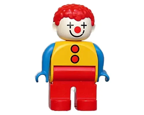 Duplo Figure, Male Clown, Red Legs, Yellow Top with 2 Buttons, Blue Arms, Red Hair Curly (4129940) Image