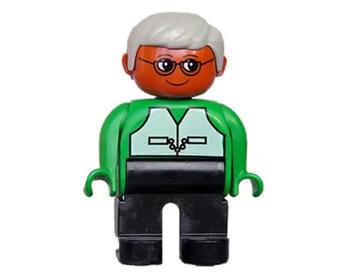 Duplo Figure, Male, Black Legs, Green Top with Vest, Brown Head, Gray Hair, Glasses Image