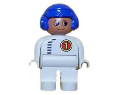 Duplo Figure, Male, White Legs, White Top with Black Zipper and Racer #1, Blue Aviator Helmet Image