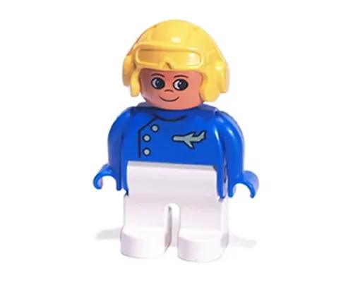 Duplo Figure, Male, White Legs, Blue Top with Plane Logo, Yellow Aviator Helmet, Turned Up Nose Image