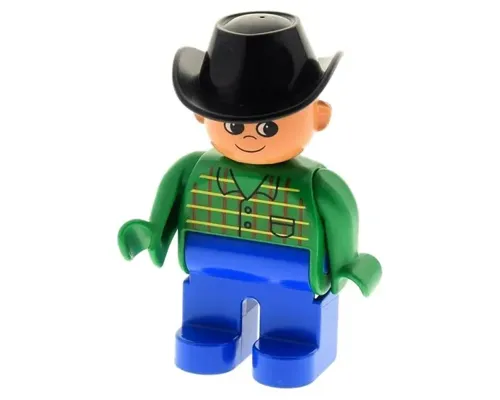 Duplo Figure, Male, Blue Legs, Green Top with Pocket, Black Cowboy Hat Image