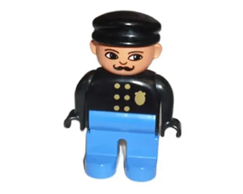 Duplo Figure, Male Police, Blue Legs, Black Top with Gold Badge, Black Hat, Turned Down Nose and Elliptical Eyes Image