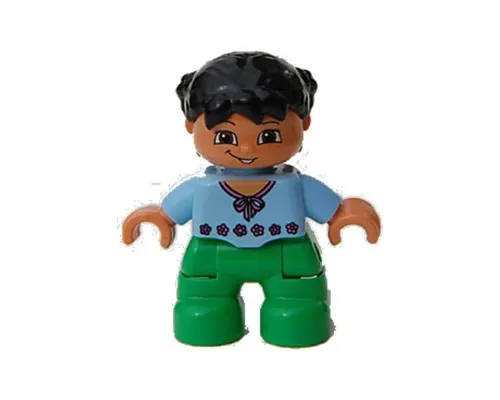 Duplo Figure Lego Ville, Child Girl, Bright Green Legs, Light Blue Top with Red Flowers, Black Hair (4644712, 6233812) Image