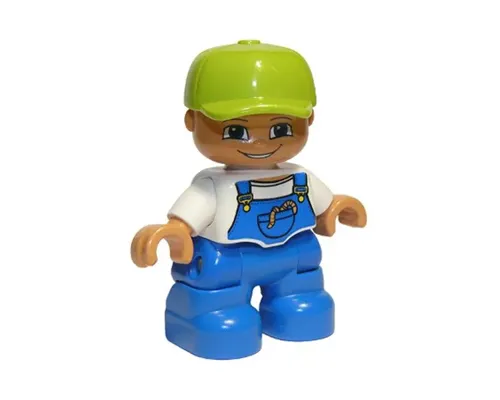 Duplo Figure Lego Ville, Child Boy, Blue Legs, White Top with Blue Overalls, Worms in Pocket, Lime Cap (4251086, 6233829) Image