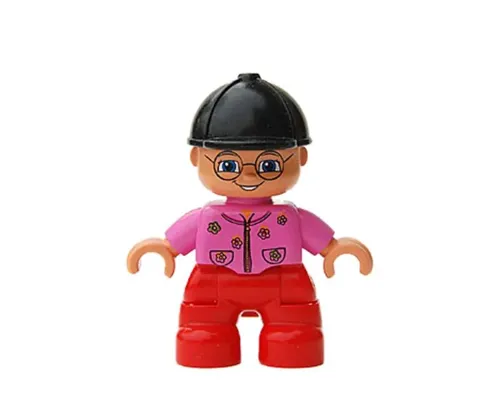 Duplo Figure Lego Ville, Child Girl, Red Legs, Dark Pink Top With Flowers, Black Riding Helmet, Glasses Image