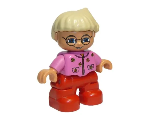 Duplo Figure Lego Ville, Child Girl, Red Legs, Dark Pink Top With Flowers, Light Blond Hair With Ponytail, Glasses Image