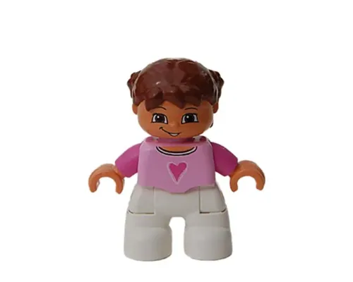 Duplo Figure Lego Ville, Child Girl, White Legs, Bright Pink Top, Dark Pink Arms, Reddish Brown Hair with Braids Image