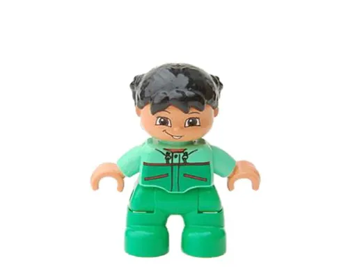 Duplo Figure Lego Ville, Child Girl, Bright Green Legs, Medium Green Top with Red Trim, Black Hair Image