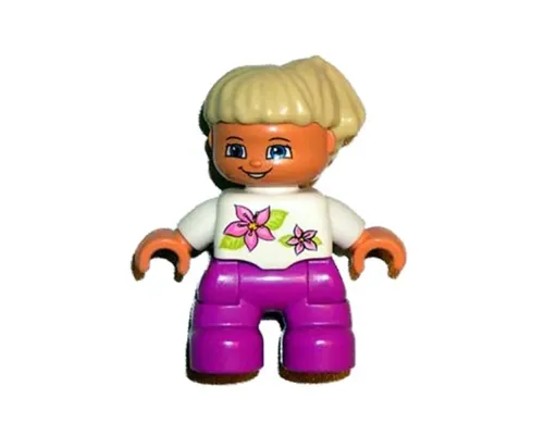 Duplo Figure Lego Ville, Child Girl, Magenta Legs, White Top with Two Flowers, White Arms, Tan Hair (4521596, 6012989, 6228505) Image