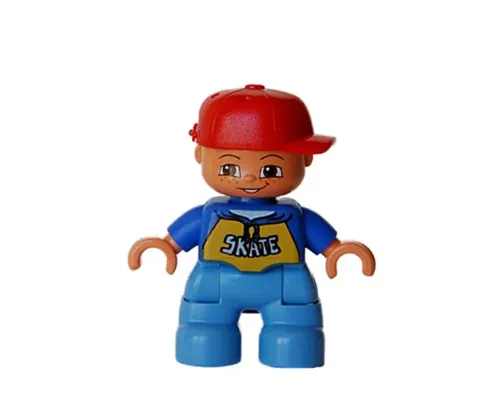 Duplo Figure Lego Ville, Child Boy, Medium Blue Legs, Blue Top with 'SKATE' Pattern, Red Cap, Freckles (4490150) Image