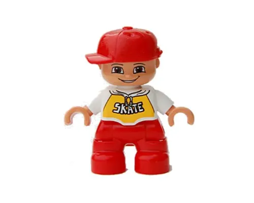 Duplo Figure Lego Ville, Child Boy, Red Legs, White Top with 'SKATE' Pattern, Red Cap Image