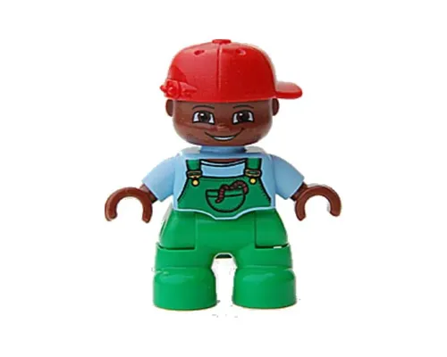 Duplo Figure Lego Ville, Child Boy, Bright Green Legs, Bright Light Blue Top with Bright Green Overalls with Worms in Pocket, Brown Head, Red Cap Image