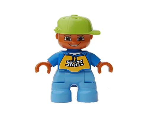 Duplo Figure Lego Ville, Child Boy, Medium Blue Legs, Blue Top with 'SKATE' Text Pattern, Lime Cap Image