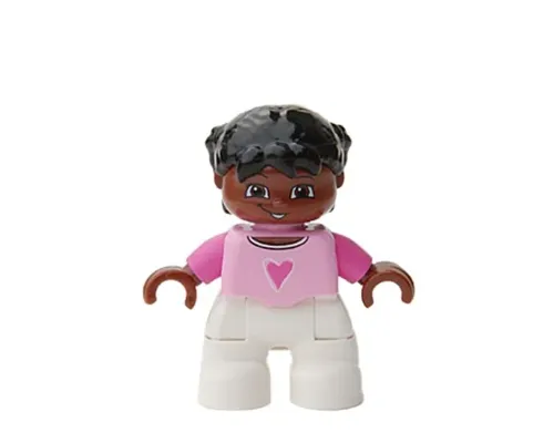 Duplo Figure Lego Ville, Child Girl, White Legs, Bright Pink Top, Dark Pink Arms, Brown Head, Black Hair with Braids Image