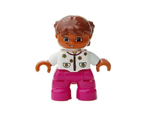 Duplo Figure Lego Ville, Child Girl, Magenta Legs, White Top with Flowers, Reddish Brown Hair with Braids Image