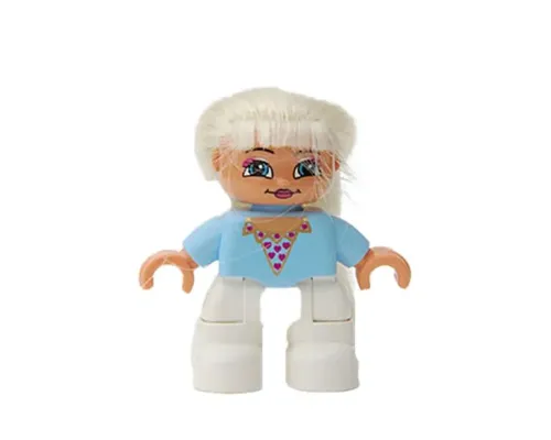 Duplo Figure Lego Ville, Child Girl, White Legs, Bright Light Blue Top with Heart Pattern, Blond Hair (Princess) Image