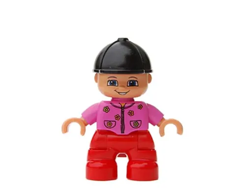 Duplo Figure Lego Ville, Child Girl, Red Legs, Dark Pink Top with Flowers, Black Riding Helmet Image