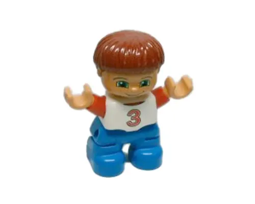 Duplo Figure Lego Ville, Child Boy, Blue Legs, White Top with Red Number 3 Pattern, Dark Red Hair (6013303) Image