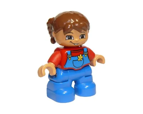 Duplo Figure Lego Ville, Child Girl, Blue Legs Overalls with Yellow Flower in Pocket, Red Top, Reddish Brown Hair, Brown Eyes Image