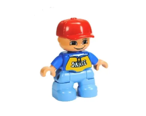 Duplo Figure Lego Ville, Child Boy, Medium Blue Legs, Blue Top with 'SKATE' Pattern, Red Cap (6233829) Image