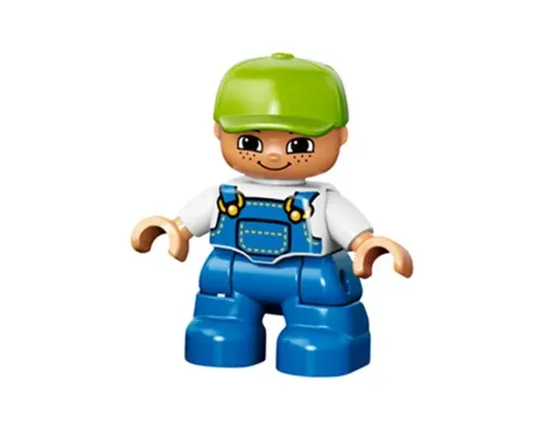 Duplo Figure Lego Ville, Child Boy, Blue Legs, White Top with Blue Overalls, Lime Cap, Freckles Image