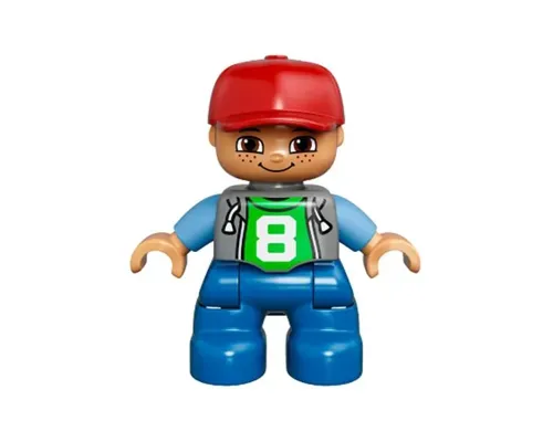 Duplo Figure Lego Ville, Child Boy, Blue Legs, Light Bluish Gray Top with Number 8, Medium Blue Arms, Red Cap, Freckles (6024623) Image