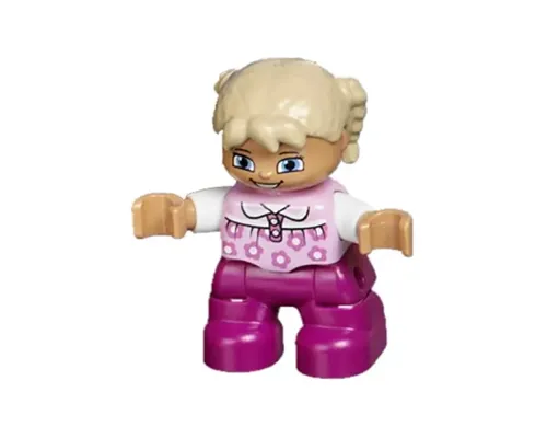 Duplo Figure Lego Ville, Child Girl, Magenta Legs, Bright Pink Top with Flowers, White Arms, Tan Hair with Braids Image