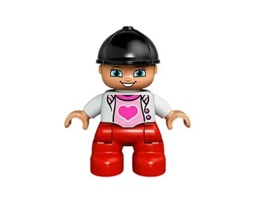 Duplo Figure Lego Ville, Child Girl, Red Legs, White Top with Heart, Black Riding Helmet (6024192) Image