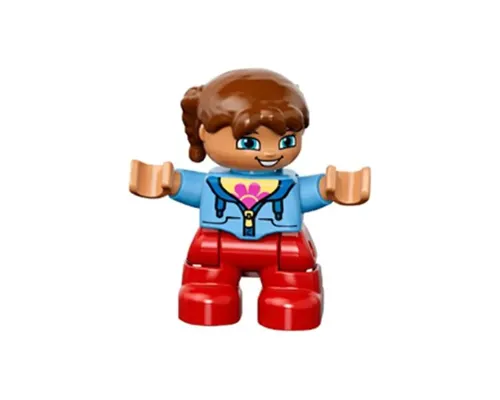 Duplo Figure Lego Ville, Child Girl, Red Legs, Medium Blue Jacket over Shirt with Flower, Reddish Brown Pigtails Image