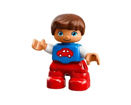 Duplo Figure Lego Ville, Child Boy, Red Legs, Blue Top with Red Car Pattern, Reddish Brown Hair Image