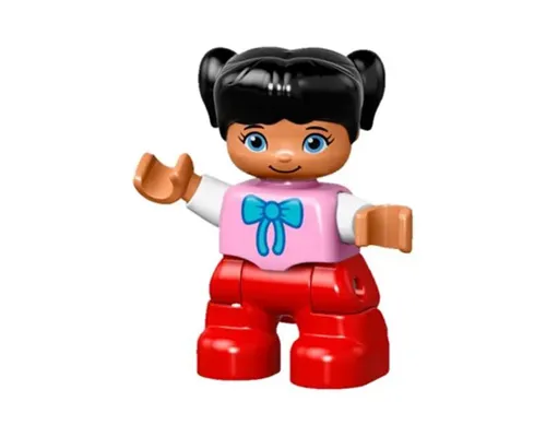 Duplo Figure Lego Ville, Child Girl, Red Legs, Bright Pink Top with Bow Tie, Black Hair with Pigtails Image