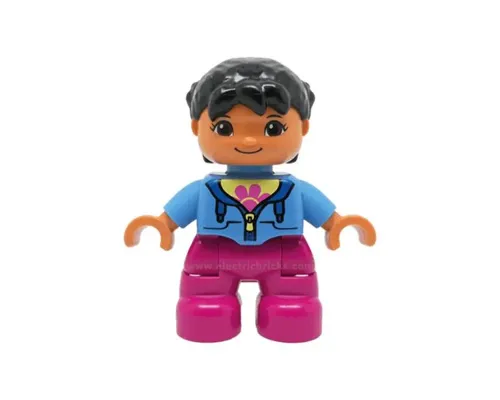 Duplo Figure Lego Ville, Child Girl, Magenta Legs, Medium Blue Jacket over Shirt with Flower, Black Pigtails Image