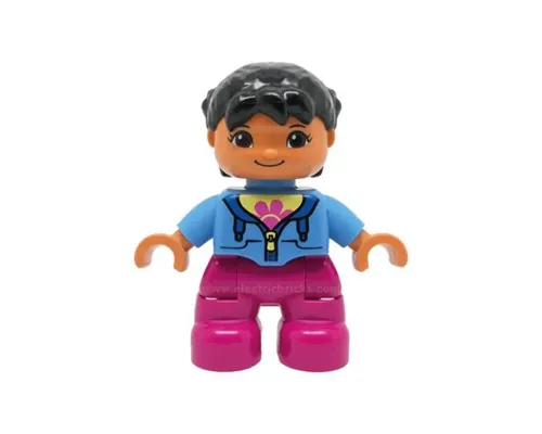 Duplo Figure Lego Ville, Child Girl, Magenta Legs, Medium Blue Jacket over Shirt with Flower, Black Pigtails, Oval Eyes Image