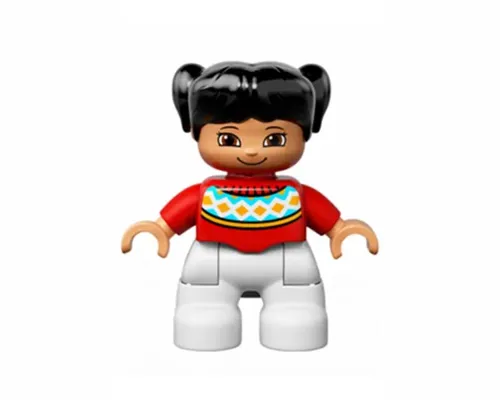 Duplo Figure Lego Ville, Child Girl, White Legs, Red Fair Isle Sweater with Orange Diamonds, Brown Eyes with Cheeks Outline, Black Pigtails Image