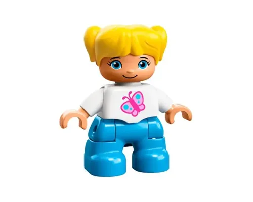 Duplo Figure Lego Ville, Child Girl, Dark Azure Legs, White Top with Pink Butterfly, Yellow Hair with Pigtails (6228500) Image