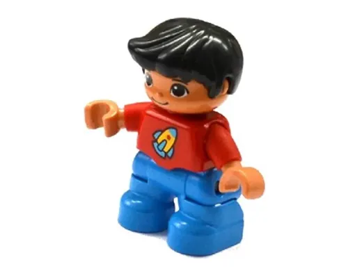 Duplo Figure Lego Ville, Child Boy, Dark Azure Legs, Red Top with Space Rocket Ship, Black Hair (6233698) Image