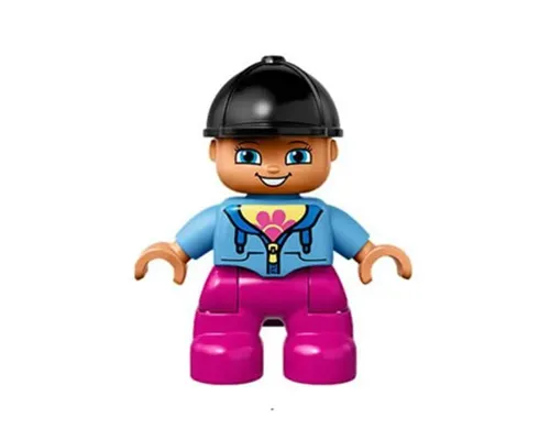 Duplo Figure Lego Ville, Child Girl, Dark Pink Legs, Medium Blue Jacket with Flower Top, Black Riding Helmet (6138099) Image