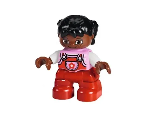 Duplo Figure Lego Ville, Child Girl, Red Legs, Bright Pink Top with Flower on Pocket, White Arms, Black Hair Pigtails with Uneven Bangs Image