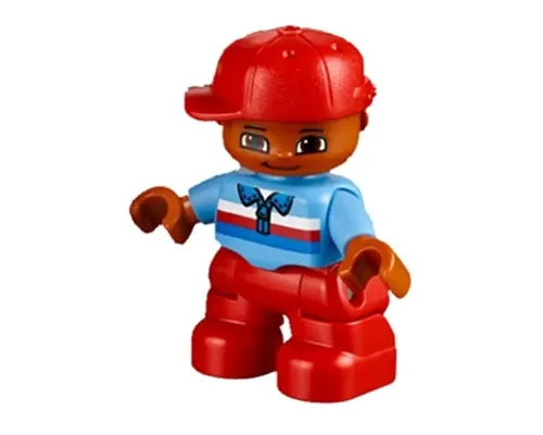 Duplo Figure Lego Ville, Child Boy, Red Legs, Medium Blue Top with Zipper and Blue, Red and White Stripes, Red Cap Image