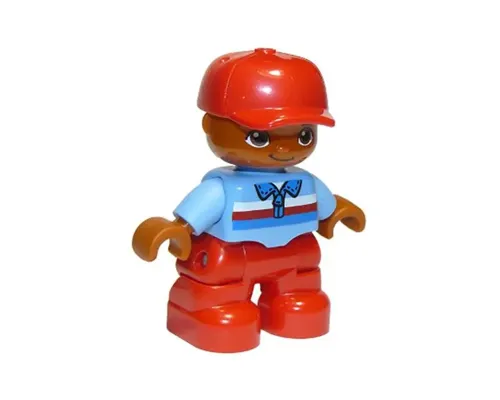 Duplo Figure Lego Ville, Child Boy, Red Legs, Medium Blue Top with Zipper and Blue, Red and White Stripes, Red Cap, Oval Eyes Image