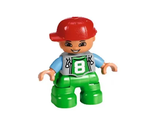 Duplo Figure Lego Ville, Child Boy, Bright Green Legs, Light Bluish Gray Top with '8' Pattern, Medium Blue Arms, Red Cap Image