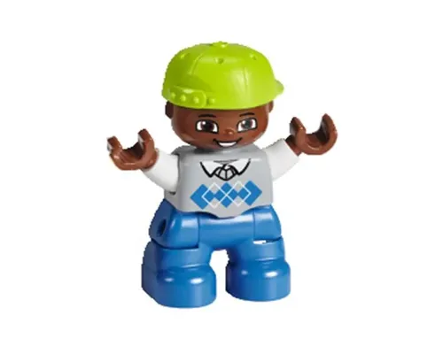 Duplo Figure Lego Ville, Child Boy, Blue Legs, Light Bluish Gray Sweater, White Arms, Lime Cap Image