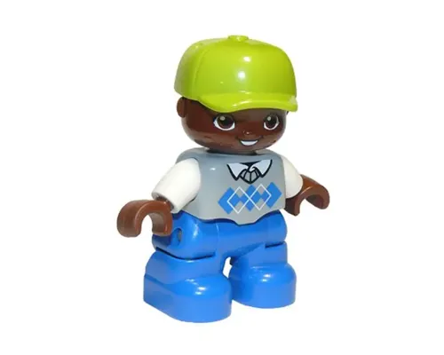 Duplo Figure Lego Ville, Child Boy, Blue Legs, Light Bluish Gray Argyle Sweater Vest, White Arms, Lime Cap, Oval Eyes Image