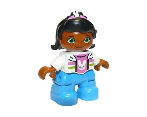 Duplo Figure Lego Ville, Child Girl, Dark Azure Legs, White Top with Dark Pink Undershirt with Bunny Rabbit Head, Black Hair with Dark Pink Band, Green Eyes (6174731, 6228497) Image