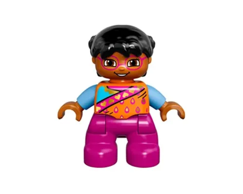 Duplo Figure Lego Ville, Child Girl, Magenta Legs and Glasses, Orange Top, Black Hair Image