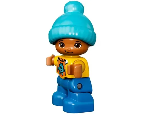 Duplo Figure Lego Ville, Child Boy, Blue Legs, Yellow Top, Medium Azure Bobble Cap Image