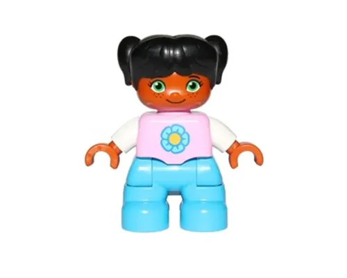 Duplo Figure Lego Ville, Child Girl, Dark Azure Legs, Bright Pink Top with Yellow and Dark Azure Flower, Black Hair with Pigtails (6233702) Image