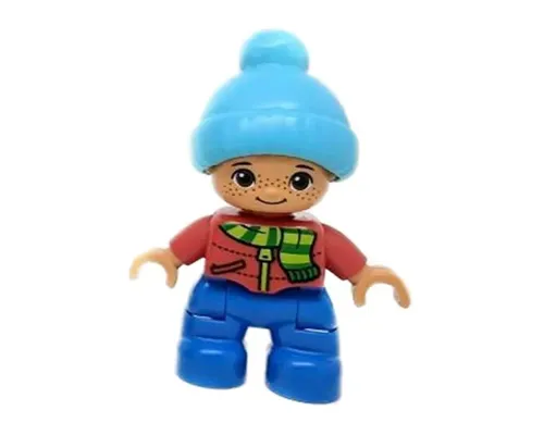 Duplo Figure Lego Ville, Child Boy, Blue Legs, Red Top with Scarf and Zipper Pattern, Freckles, Brown Eyes, Medium Azure Bobble Cap (6228502) Image