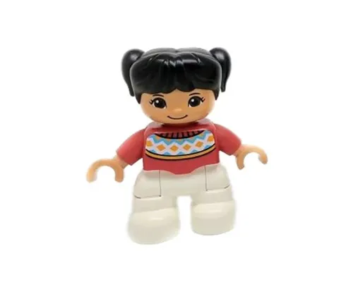 Duplo Figure Lego Ville, Child Girl, White Legs, Red Fair Isle Sweater with Orange Diamonds, Brown Oval Eyes, Black Pigtails Image